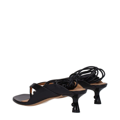Off-White Black Leather Flip-Flop Sandals with self tie closure, open toe, and mid heels, showing side view and heel details.