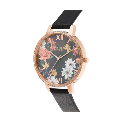 Olivia Burton Black Artificial Leather Dress Watch with floral multicolored dial, pink stainless steel case, black synthetic leather strap.