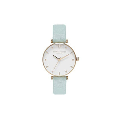 Olivia Burton Green Artificial Leather Dress Watch with golden stainless steel case, white dial, and green synthetic leather strap.