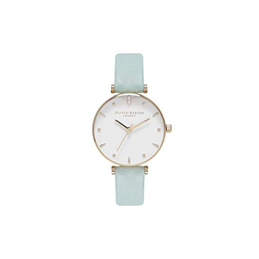 Olivia Burton Green Artificial Leather Dress Watch with golden stainless steel case, white dial, and green synthetic leather strap.