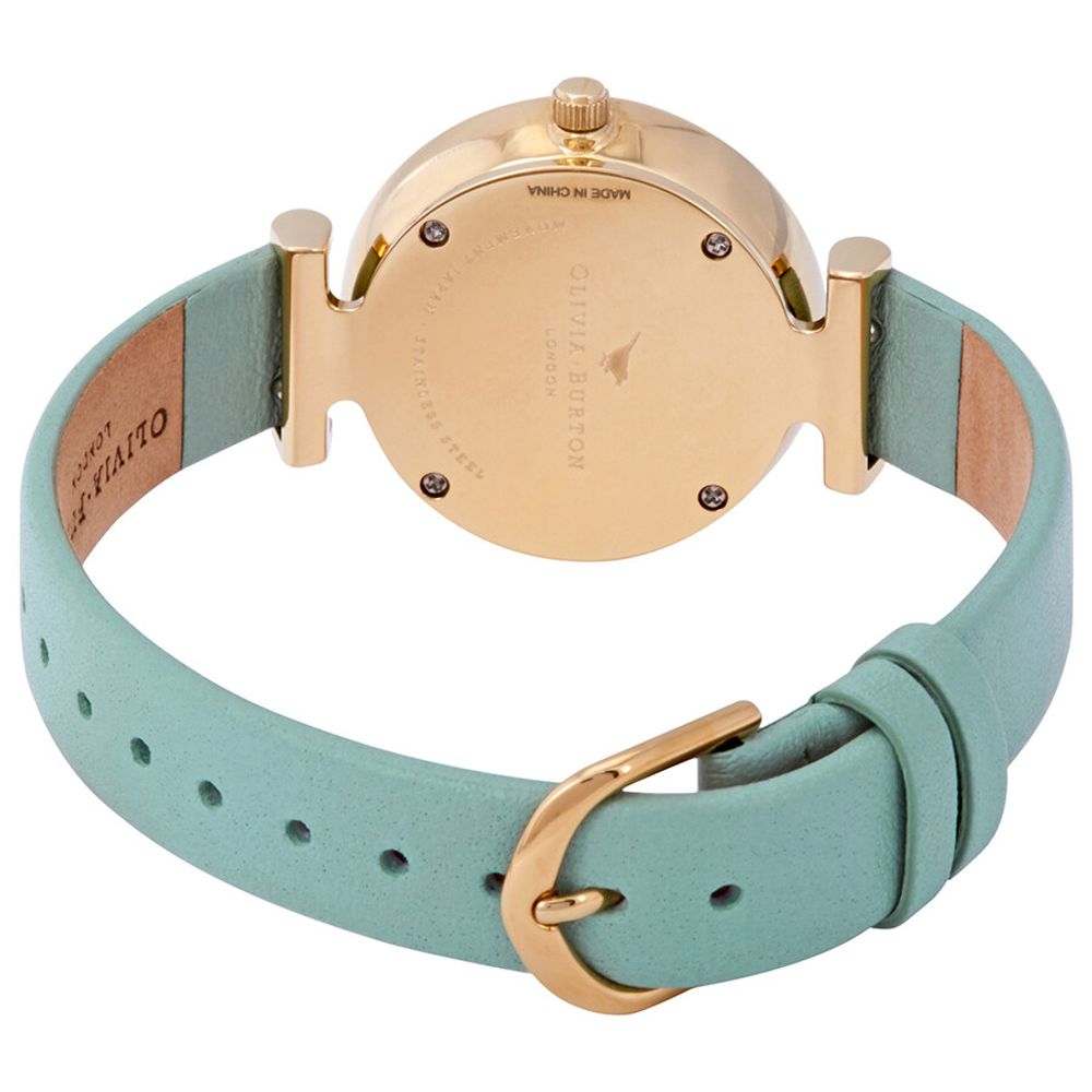 Back view of Olivia Burton Green Artificial Leather Dress Watch with golden stainless steel case and green synthetic leather strap.