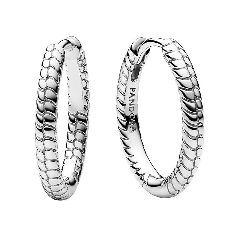 Elegant PANDORA JEWELRY Mod. 292728C00 silver hoop earrings, featuring intricate design details, perfect for any occasion.