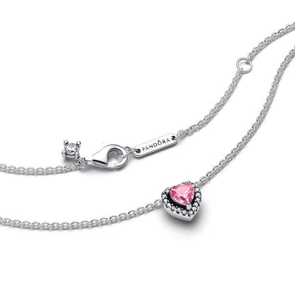 Silver heart necklace with pink stone, PANDORA JEWELRY Mod. 398425C02-45, showcasing intricate design and elegance.