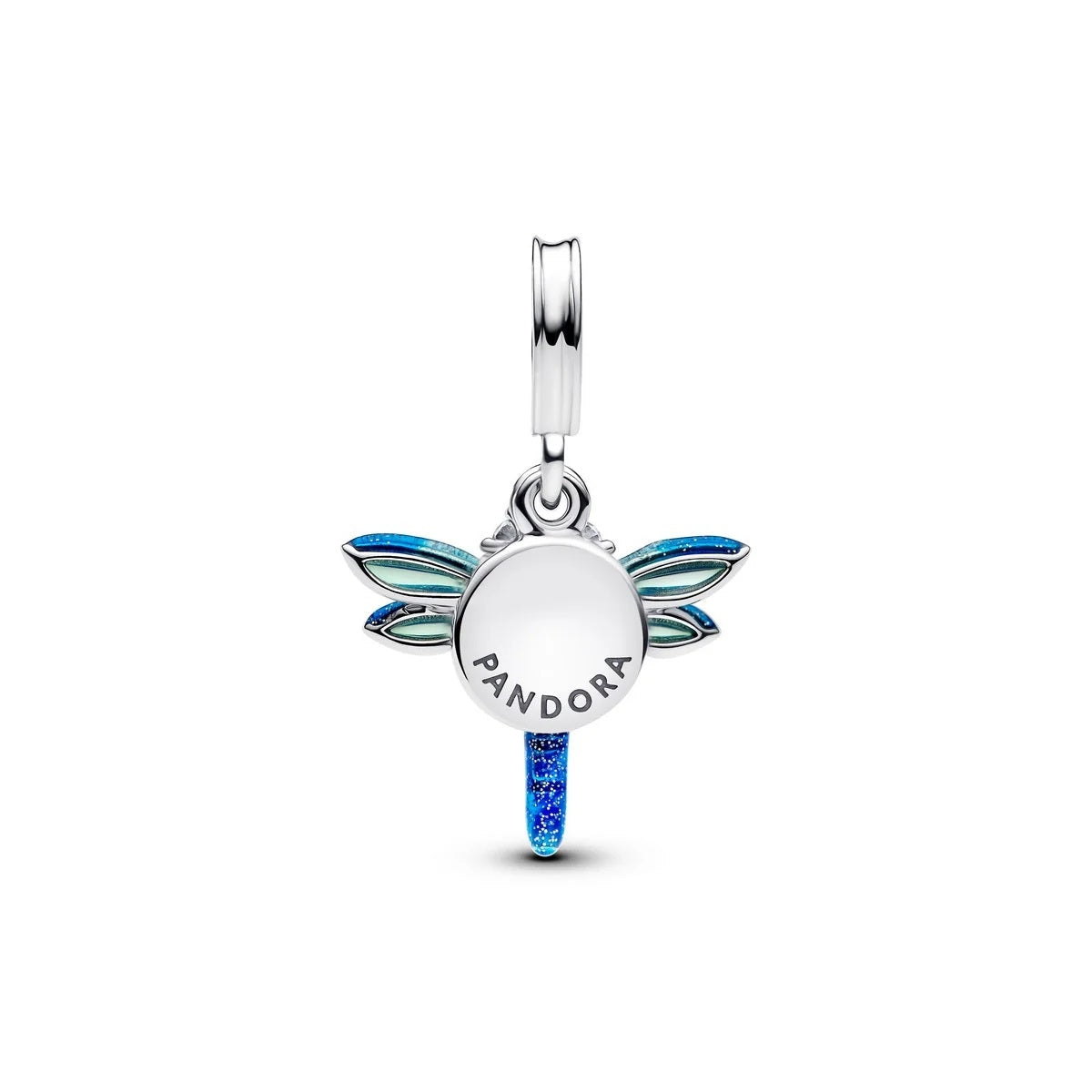 PANDORA JEWELRY Mod. 793745C01 dragonfly charm with blue and green enamel wings and silver detailing.