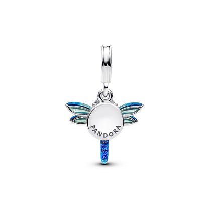 PANDORA JEWELRY Mod. 793745C01 dragonfly charm with blue and green enamel wings and silver detailing.