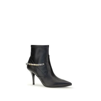 PINKO Black Calf Leather Bos Taurus Ankle Boots with stiletto heel and chain detail.