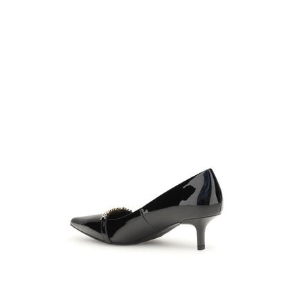 Side view of PINKO Black Calf Leather Bos Taurus Mid Heel Pumps with patent leather and decorative chain logo detail.