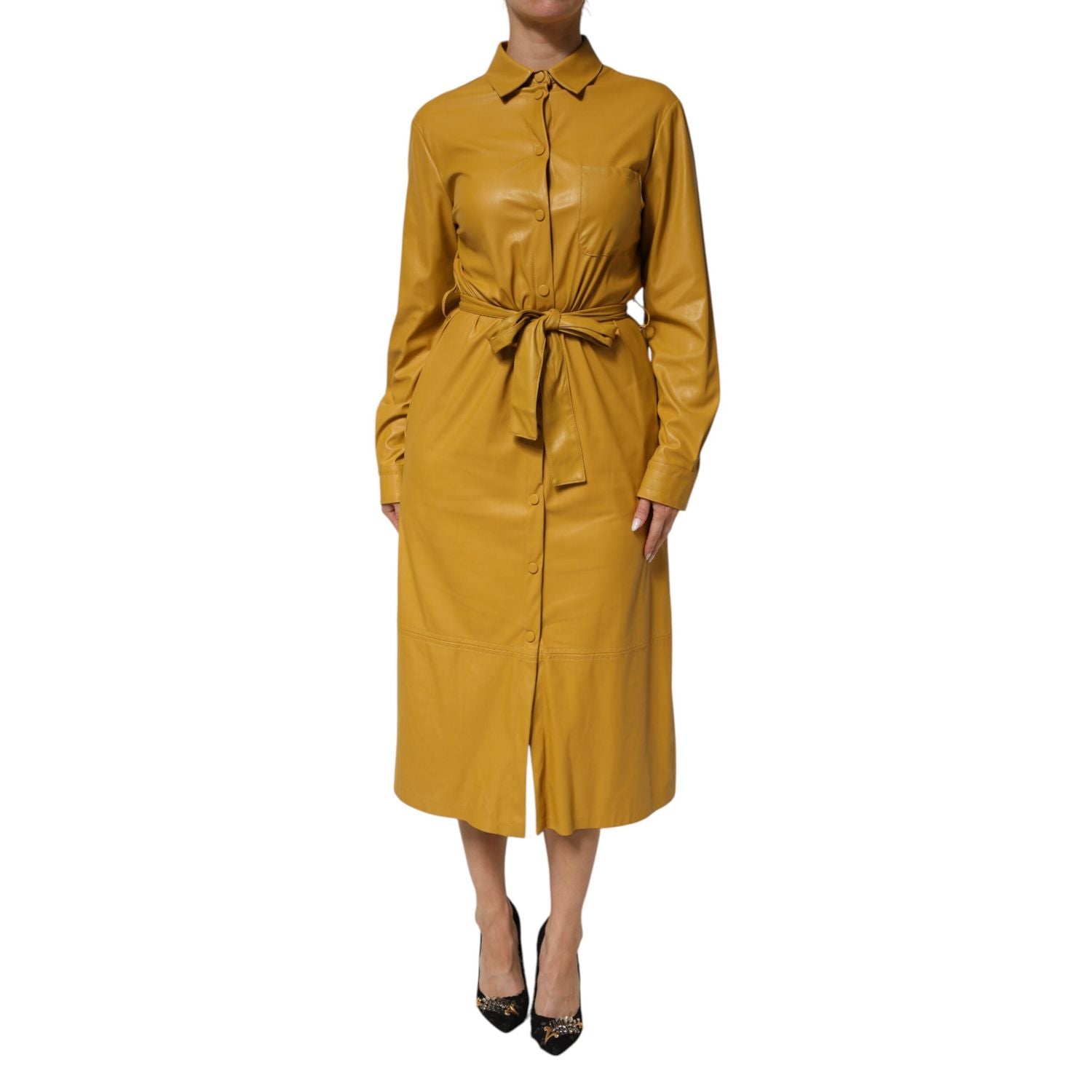 PINKO Polyester Belted Shirt Midi Long Sleeve Yellow Mustard