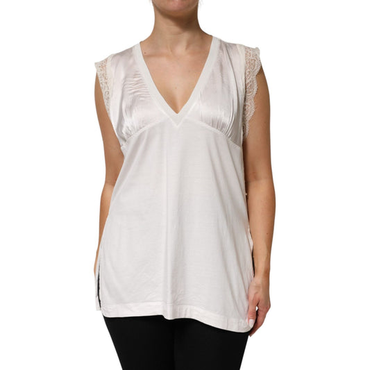PINKO White Silk Blend Lace Trim Sleeveless V-Neck Women’s Top featuring elegant lace on shoulders and a luxurious silk-blend fabric.