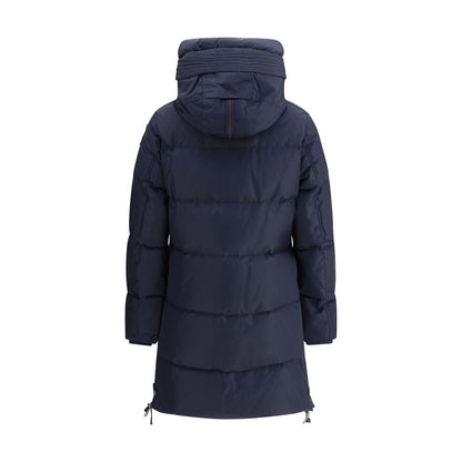Parajumpers Blue Nylon Full-Length Jacket back view with hood and streamlined design for warmth and style.