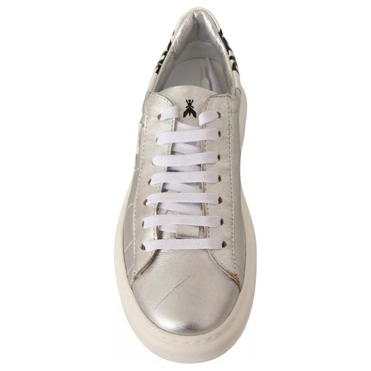 Patrizia Pepe Silver Full Grain Leather Lace Up Sneakers Shoes