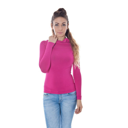 Woman wearing a Phard Rosa Viscosa Women Sweater, bright pink color, with long sleeves and stylish fit.