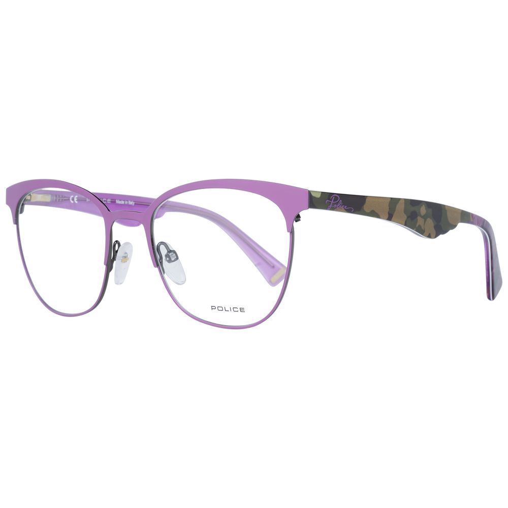 Police Purple Women Glasses Frame with full-rim plastic design, spring hinge, and branded case, size 51-19-140.