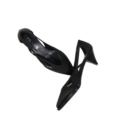 Prada Black Silk Mid Heel Pumps with pointed toe, cut-out detail, branded insole, and slip-on design for women.