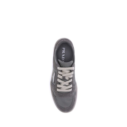 Top view of Prada Gray Calf Leather Bos Taurus Low Top Sneakers with lace-up closure and rounded toe in suede leather.