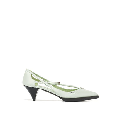 Alt Tag: Prada Green Silk Mid Heel Pumps with metal buckle, jeweled ornament, leather insole, and brushed leather-covered heel.