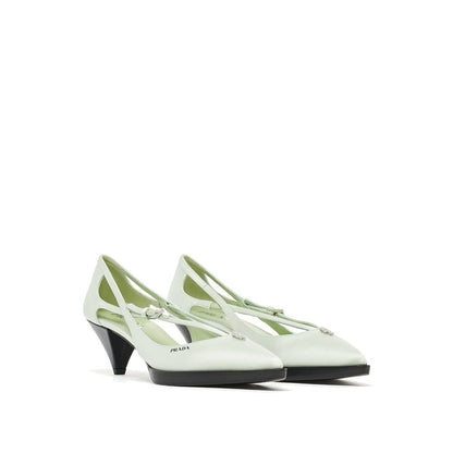 Prada Green Silk Mid Heel Pumps with jeweled ornament, pointed toe, metal buckle, and brushed leather-covered heel.