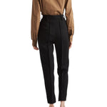 Prada Wool Pants back view, 100% virgin wool, high waist, belt loops, two side pockets, worn by woman in brown shirt.