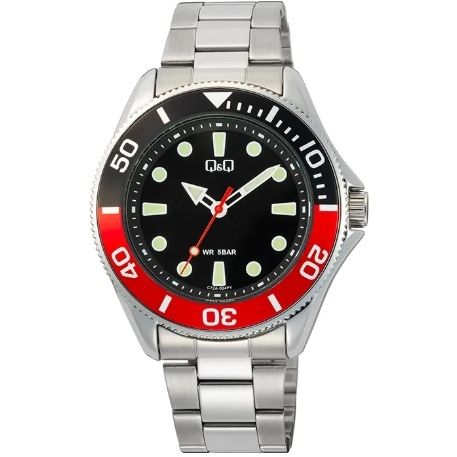 Q&Q Mod. GENT DIVER BLACK & RED wristwatch with metal strap, 5 ATM water resistance, quartz movement, and black dial with red accents.