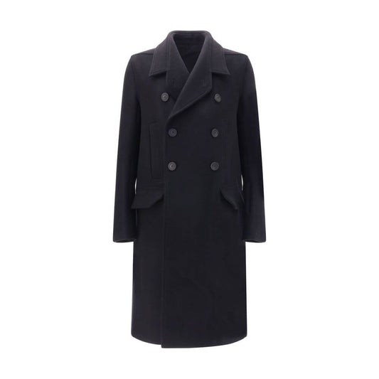 Rick Owens Black Fleece Wool Coat with wide lapels and double-breasted buttons, featuring four front welt pockets and back vent.