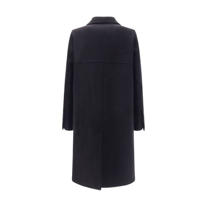 Back view of Rick Owens Black Fleece Wool Coat with wide lapels, double-breasted button closure, and vent.
