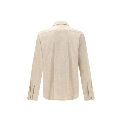 Rick Owens Cream Cotton Shirt with classic collar, back view showing clean lines and buttoned cuffs, minimalist design, AW25 collection.