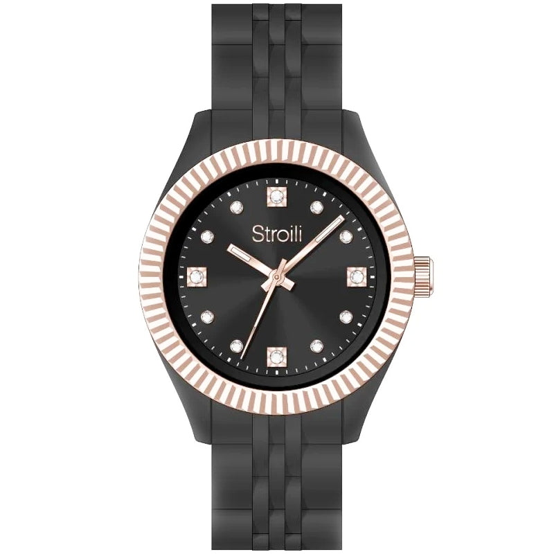 Elegant Stroili watch with black dial, rose gold accents, and black strap - STROILI Mod. 1659249. Perfect luxury accessory.
