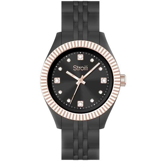 Elegant Stroili watch with black dial, rose gold accents, and black strap - STROILI Mod. 1659249. Perfect luxury accessory.