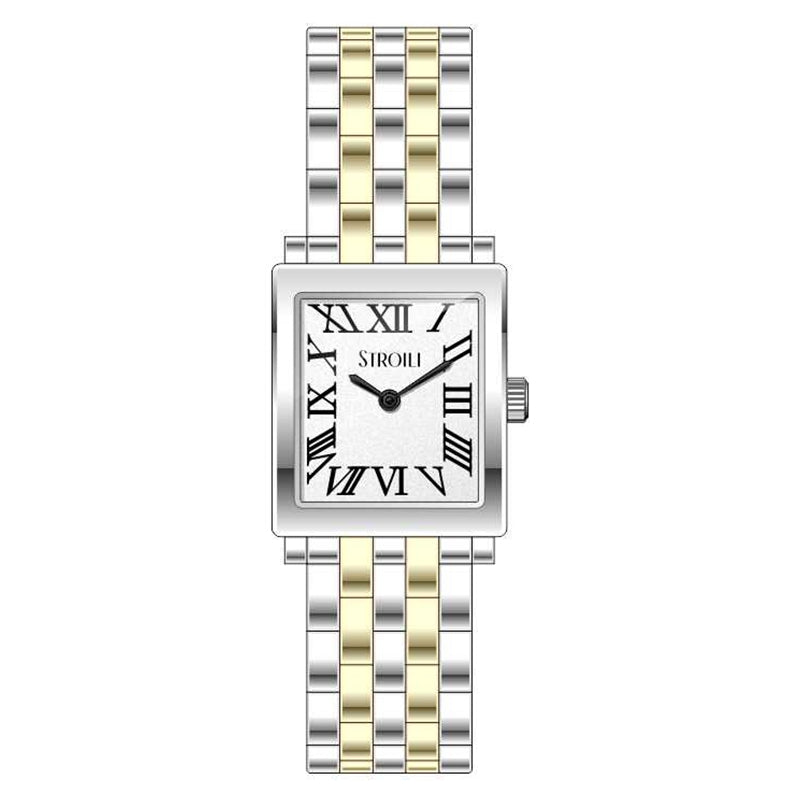 Luxury watch featuring a two-tone metallic band and Roman numeral face, branded as STROILI Mod. 1698376.