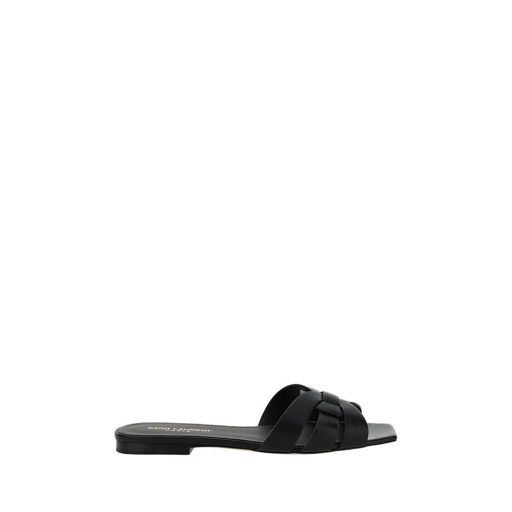 Saint Laurent Black Calf Leather Bos Taurus Flat Sandals
