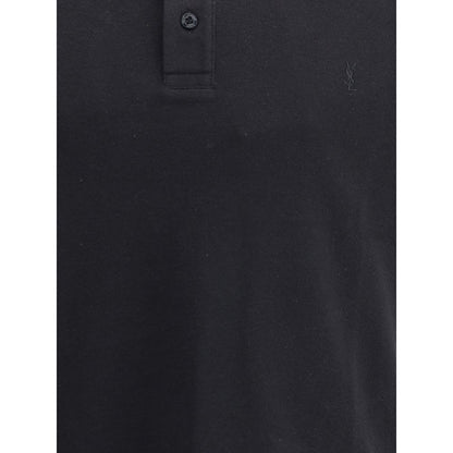 Close-up of Saint Laurent Black Cotton Polo Shirt with tone-on-tone button placket and CASSANDRE logo embroidery.