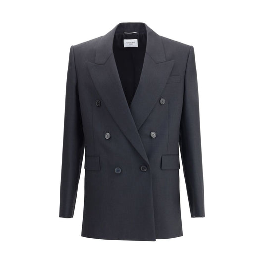 Saint Laurent Black Wool Clothing - Double-breasted Blazer with Peaked Lapels and Six-button Closure.
