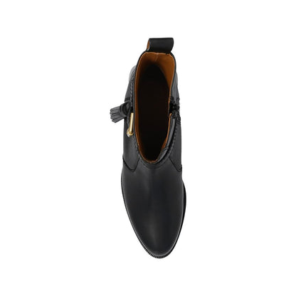 Top view of See By Chloé Black Calfskin Ankle Boots with leather lining, rubber sole, and adjustable ankle strap.
