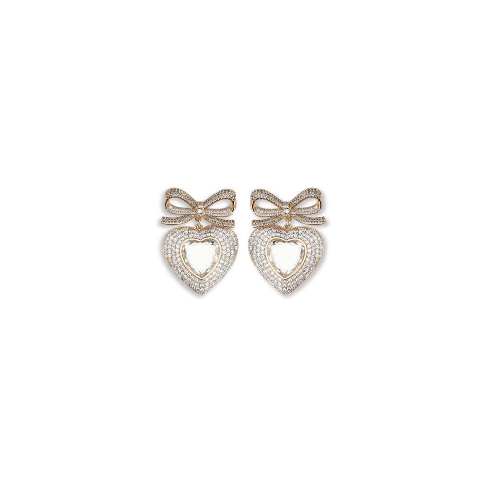 Self-Portrait Gold Brass Earrings with crystal bow and heart-shaped drop, perfect for adding elegance and romance to any outfit.