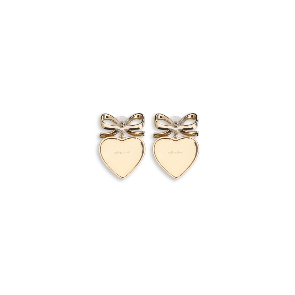 Self-Portrait Gold Brass Earrings with heart-shaped bow design featuring gold crystal bow and silver crystal heart drop.