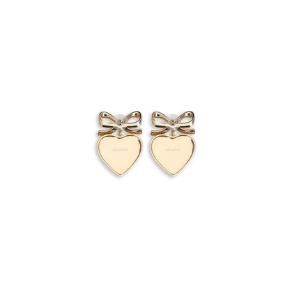Self-Portrait Gold Brass Earrings with heart-shaped bow design featuring gold crystal bow and silver crystal heart drop.