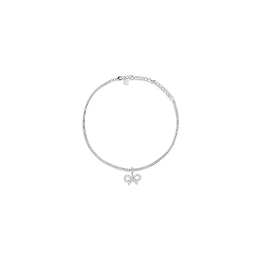 Self-Portrait Tennis necklace with bow pendant featuring sparkling jewels and lobster clasp closure for elegant looks.