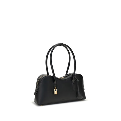 Stella McCartney Black Nylon Shoulder Bag with embossed logo and padlock, featuring two round handles and a zippered closure.