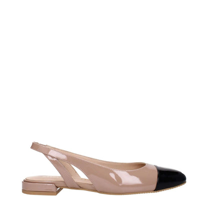Stuart Weitzman Pink Leather Ballet Flats with black cap toe, patent leather finish.
