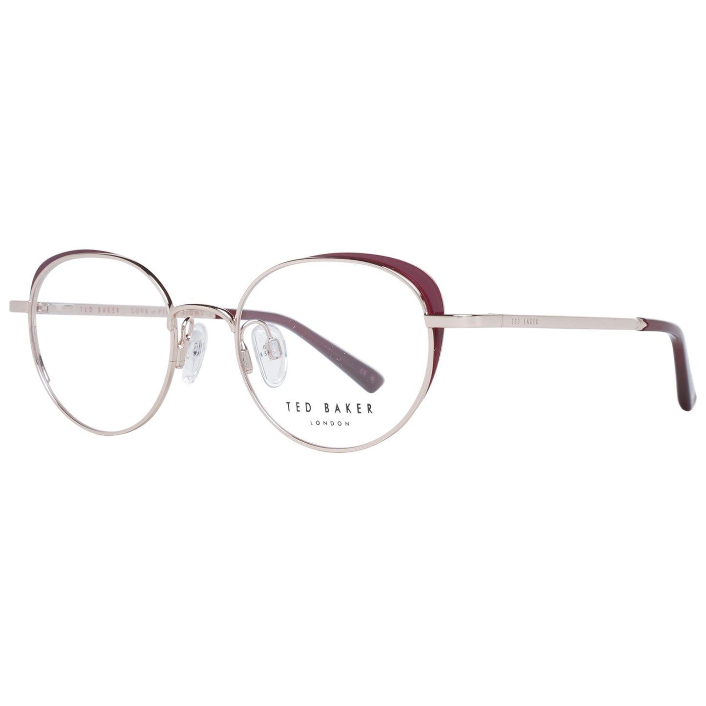 TED BAKER MOD. TB2274 48205 ladies' round glasses with thin silver frames and burgundy accents.