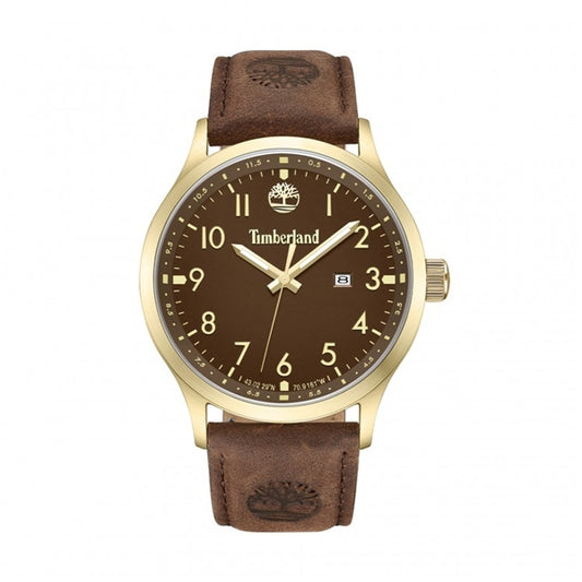 TIMBERLAND Mod. TRUMBULL gent's wristwatch with gold IP case, leather strap, and quartz movement. Brown dial with date function.