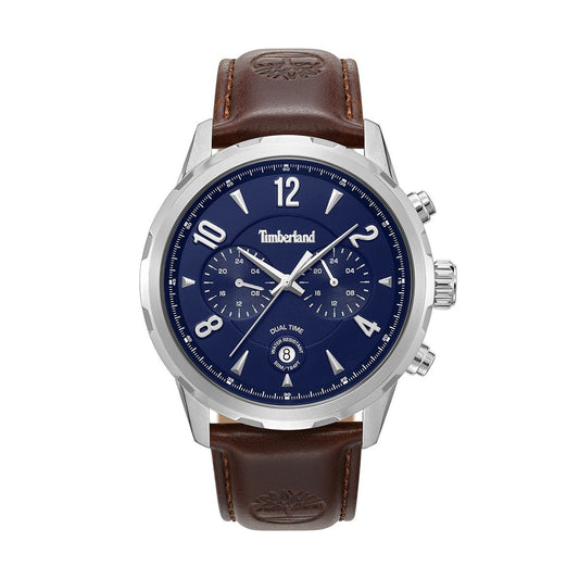 TIMBERLAND WATCHES Mod. TDWGF0082903 featuring a blue dial with brown leather strap and dual time display.