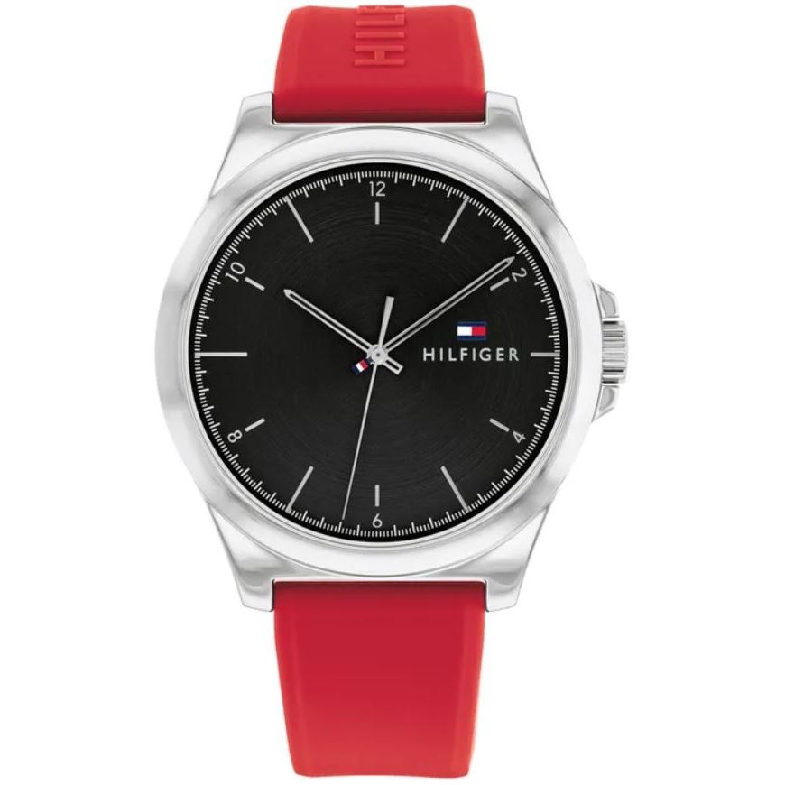 TOMMY HILFIGER Mod. 1710615 gent's quartz analog watch with red bracelet, mineral dial, 42mm case, water resistant 3 ATM, in official box