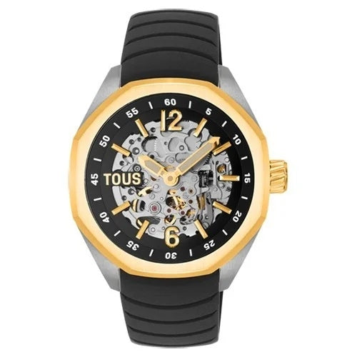 TOUS WATCHES Mod. 3000138300 with a black and gold design, showcasing the intricate watch face and visible mechanical details.