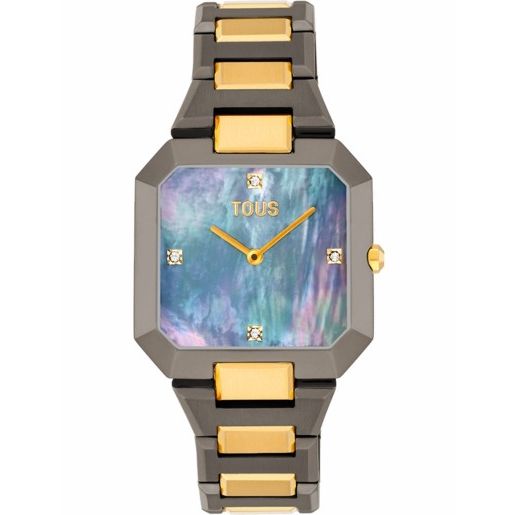 TOUS WATCHES Mod. 3000144800 luxury wristwatch with gold accents and mother of pearl face on gray and gold bracelet.