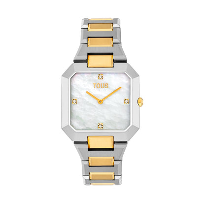 TOUS WATCHES Mod. 3000145000 with gold and silver links and mother-of-pearl face displayed on white background.