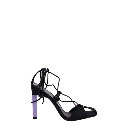 The Attico Black Fabric Stiletto Heel Sandals with self-tie closure and mauve-accented high heel, featuring open toe design.