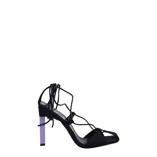 The Attico Black Fabric Stiletto Heel Sandals with self-tie closure and mauve-accented high heel, featuring open toe design.