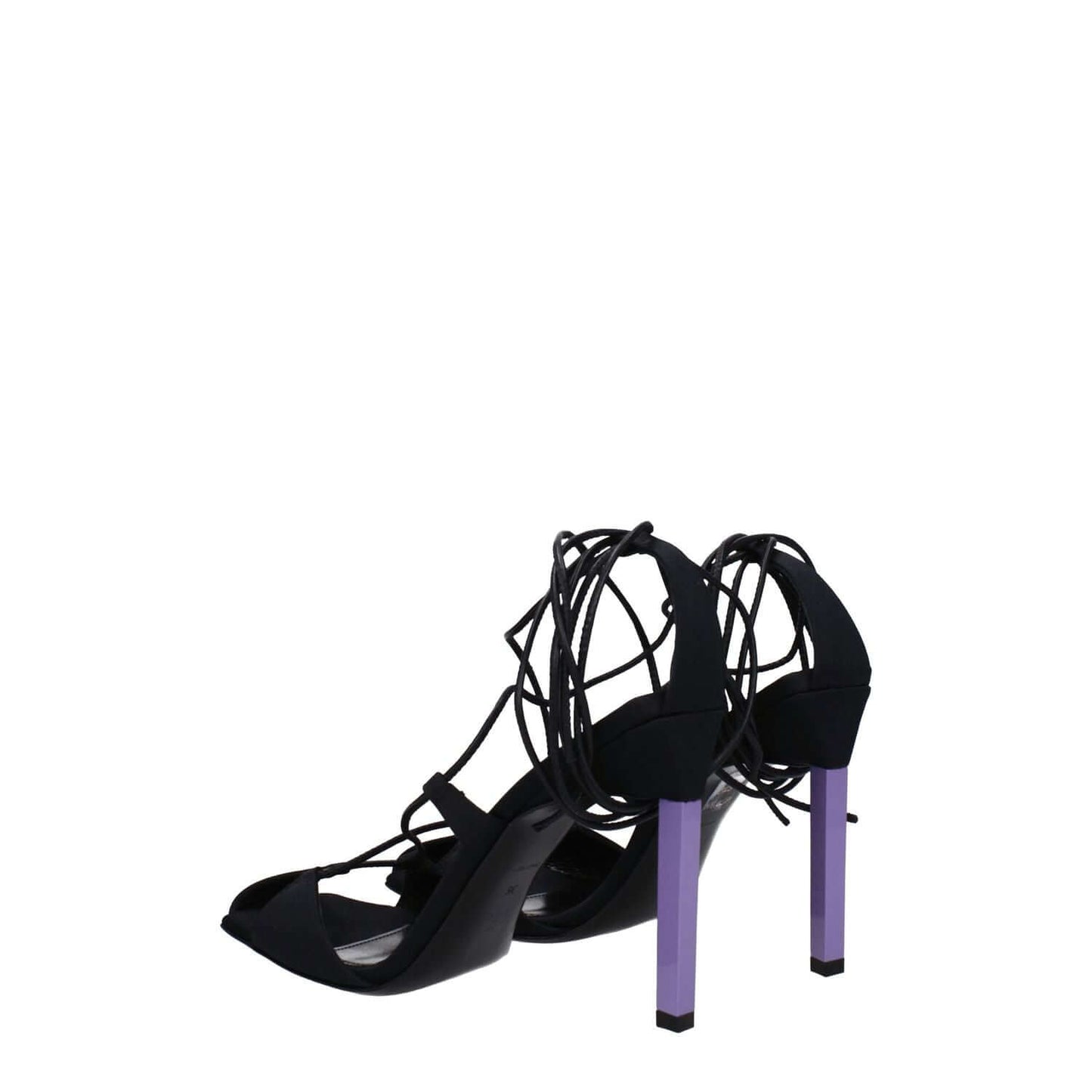 The Attico Black Fabric Stiletto Heel Sandals with mauve heels and self-tie closure, featuring an open toe and high heel.