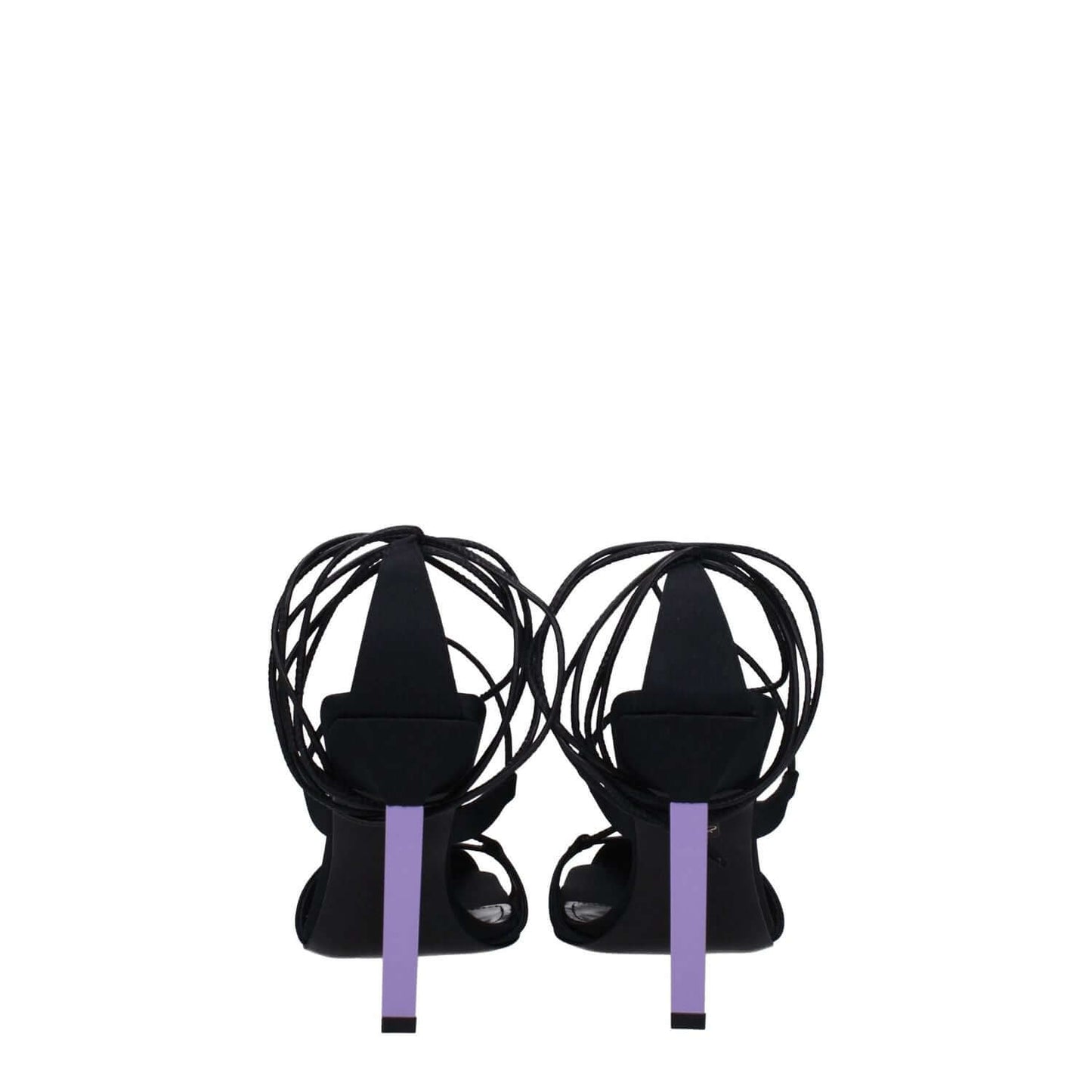 The Attico Black Fabric Stiletto Heel Sandals with mauve high heels, open toe, and self-tie closures, rear view showing black fabric.